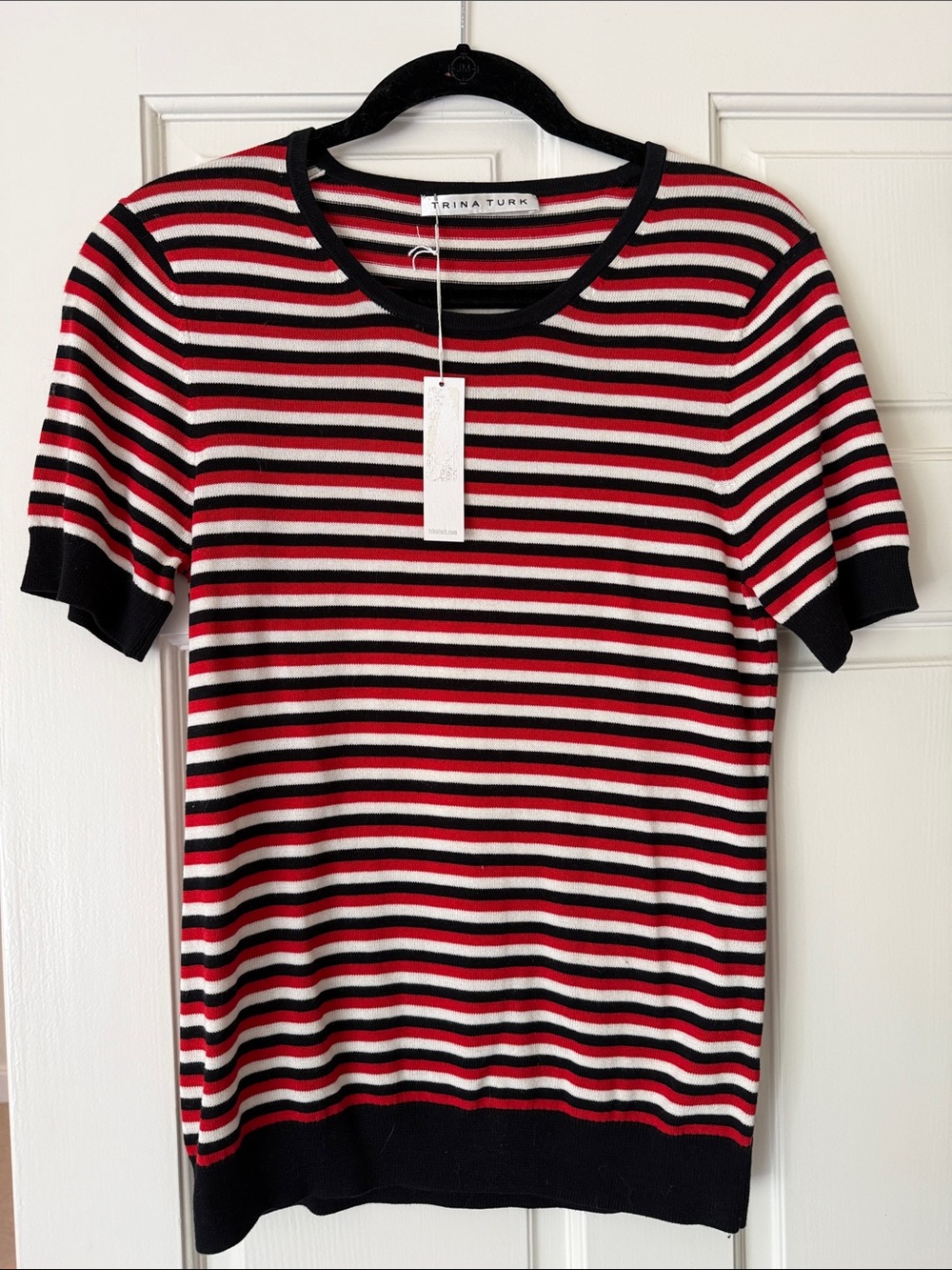 Trina Turk Red, Black & White Striped Short-Sleeve Knit Top